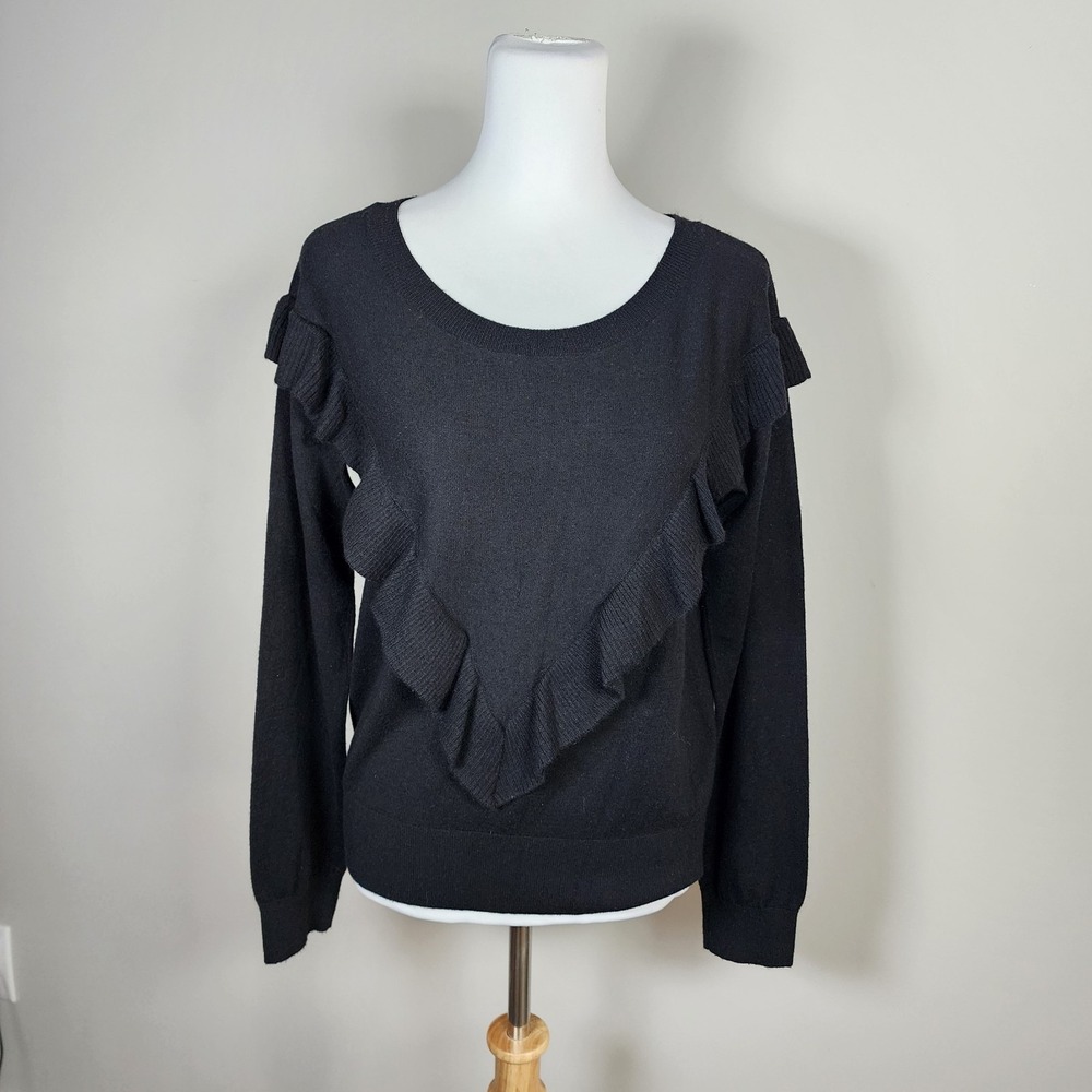 Gap Merino Wool Blend Sweater‎ Womens Medium Ruffle Knit Old Money Classic Black